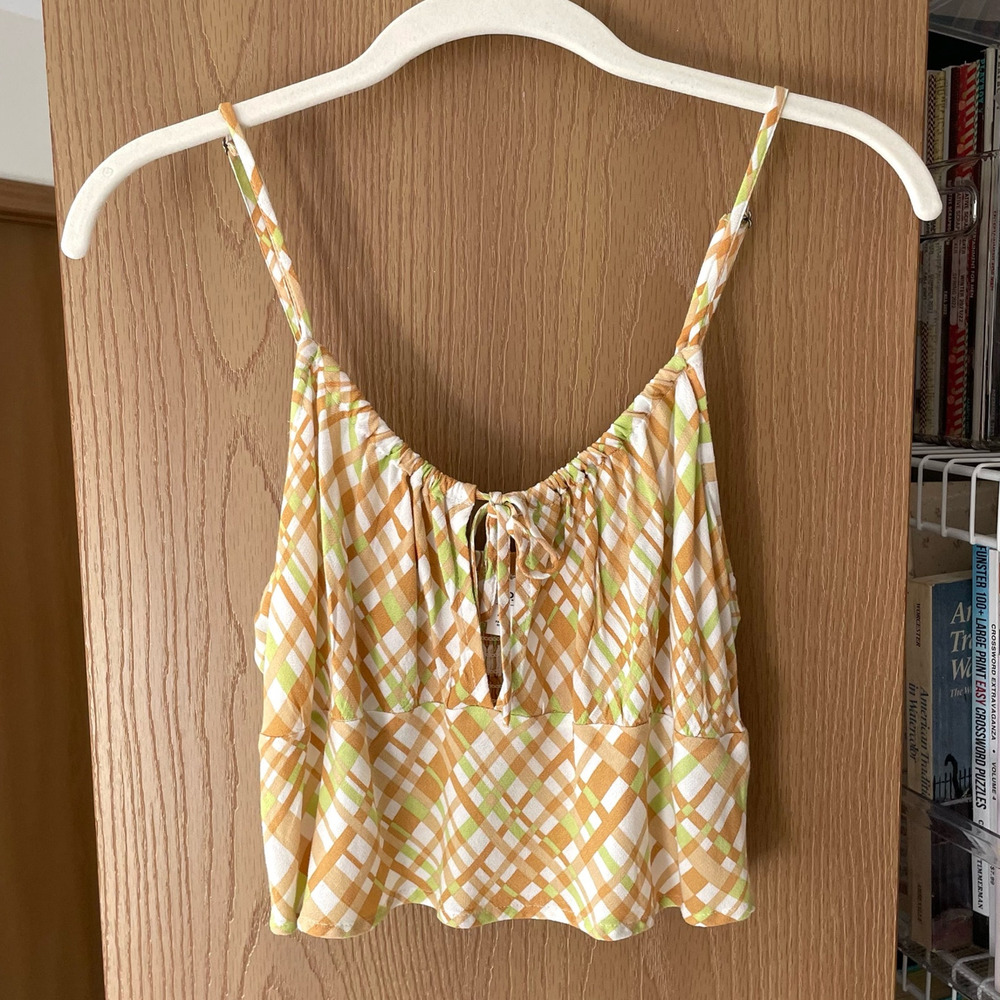 BP Nordstrom Tie Detail Crop Top Camisole Ivory Tan Happy Plaid Size M Preppy